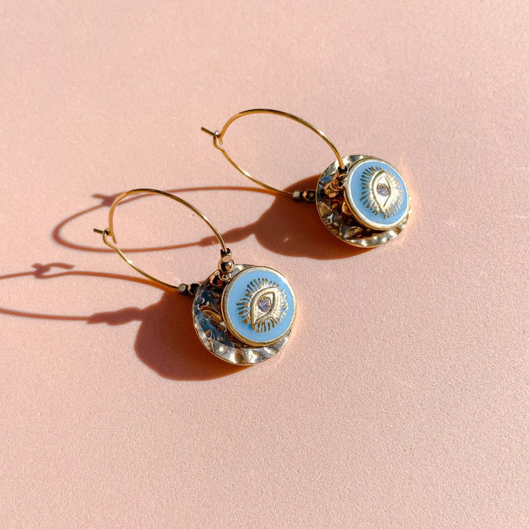 Evil Eye Double Pendant Hoop Earrings